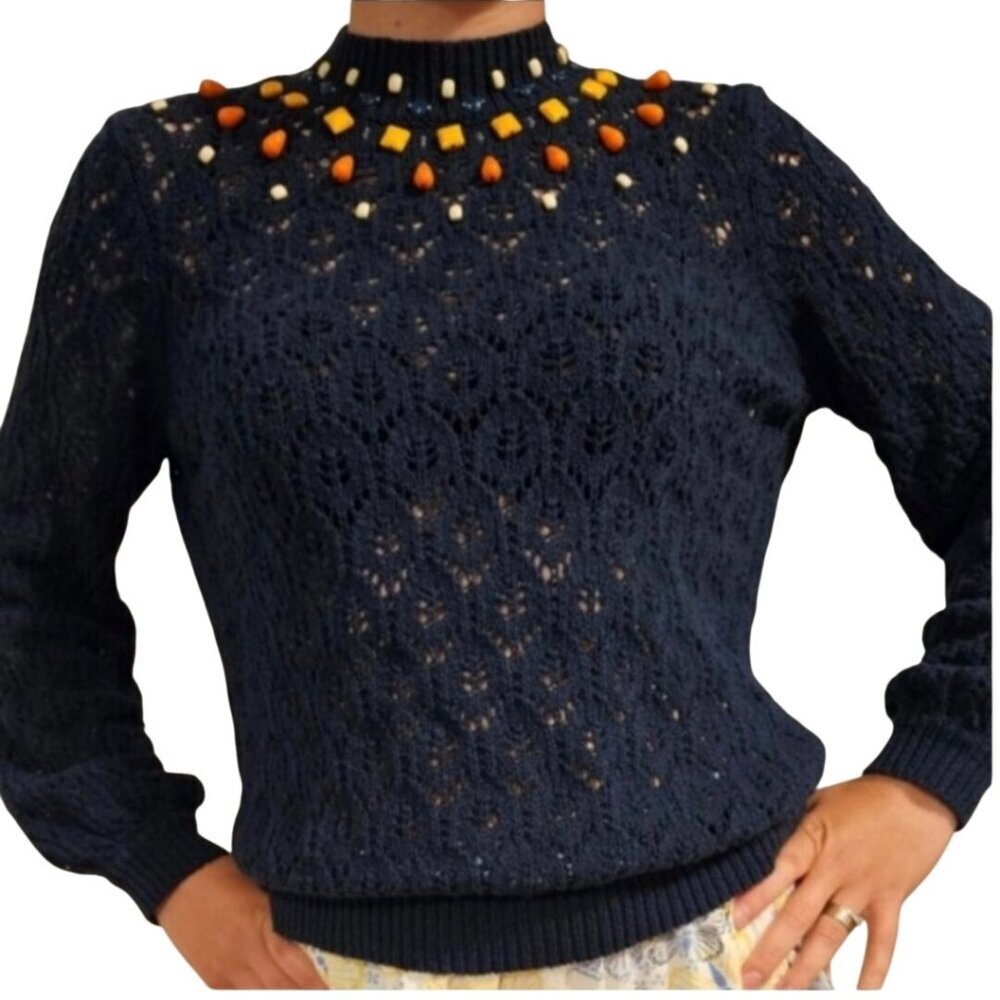 Sézane Marine Taille Pullover Sweater Beaded Open Knit Navy Paris Size M